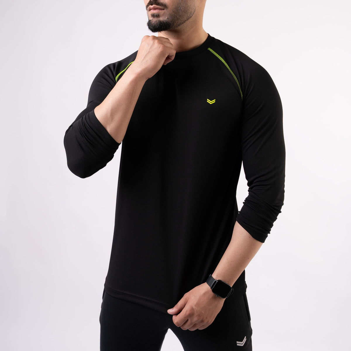 Black Fine Mesh Full Sleeves Tee with Neon 5 Thread