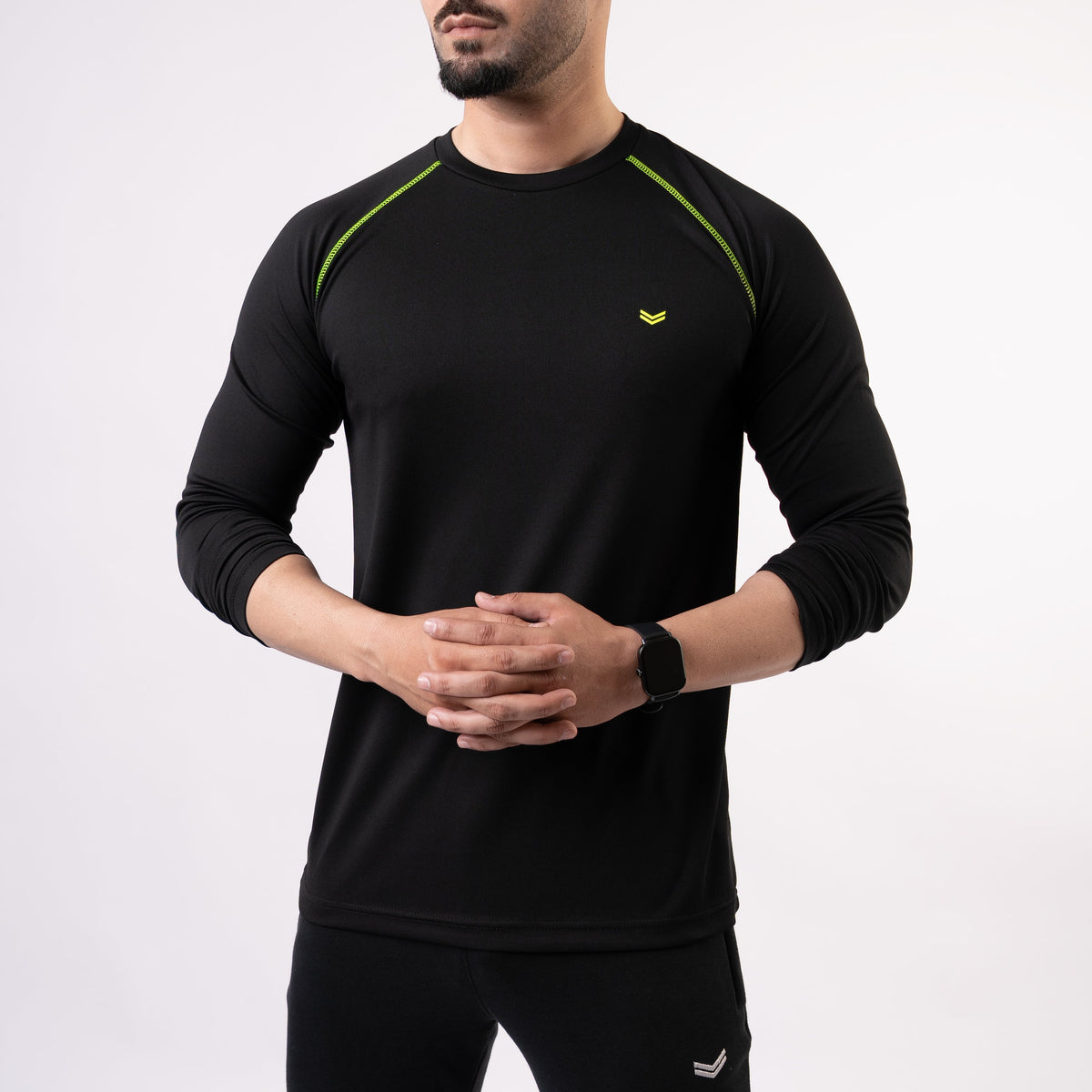 Black Fine Mesh Full Sleeves Tee with Neon 5 Thread