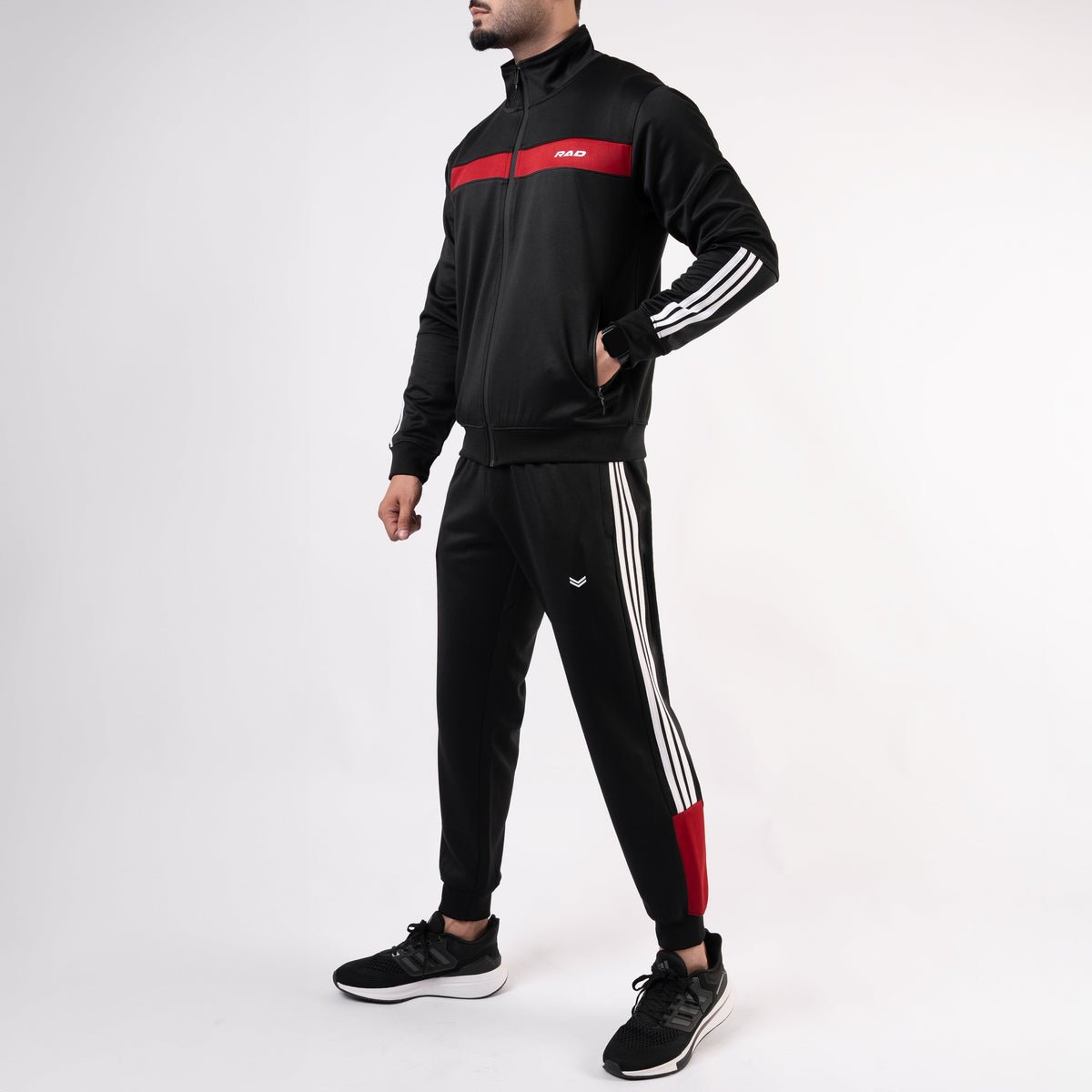 Black Mock-Neck Tracksuit with 3 Stripes &amp; Red Panels