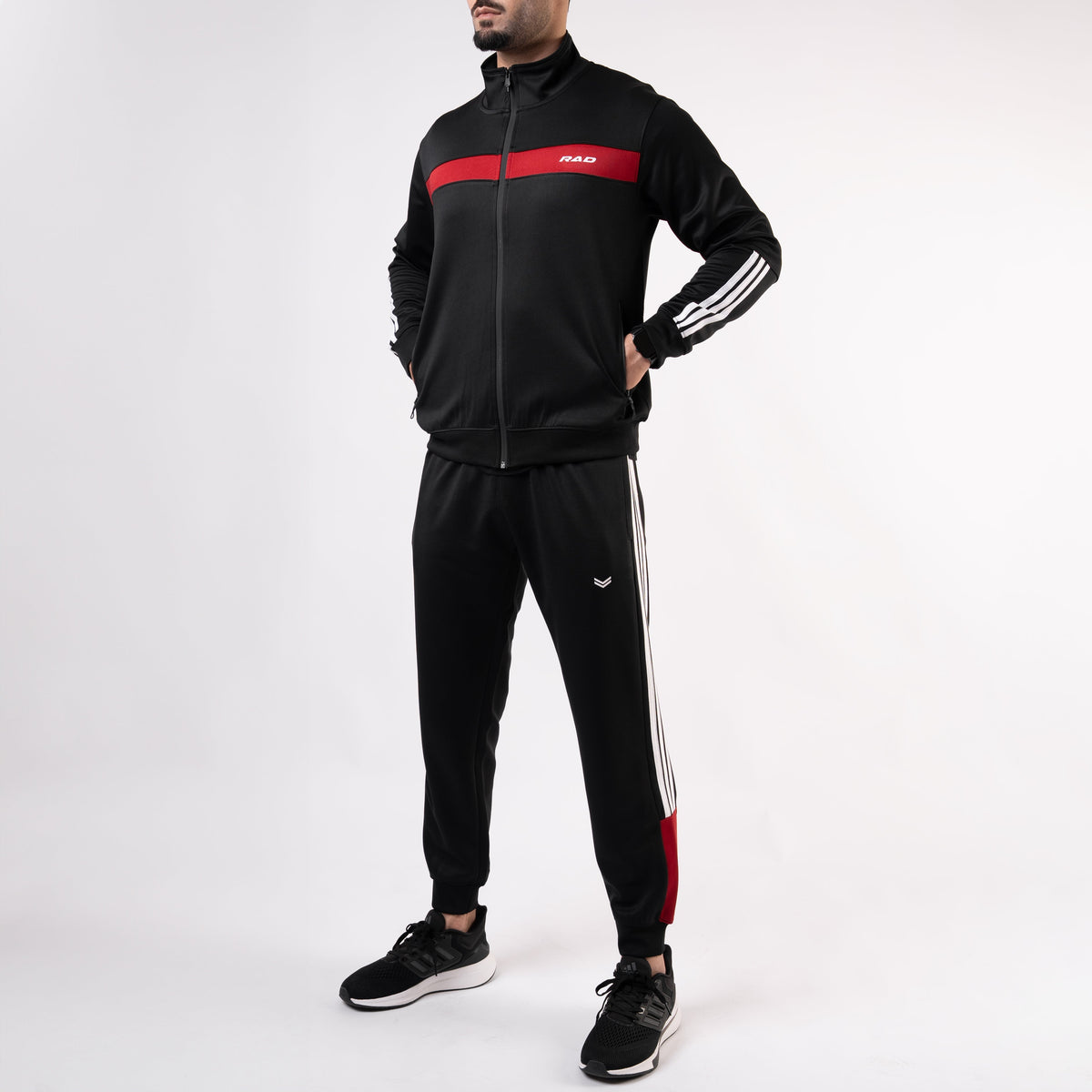 Black Mock-Neck Tracksuit with 3 Stripes &amp; Red Panels