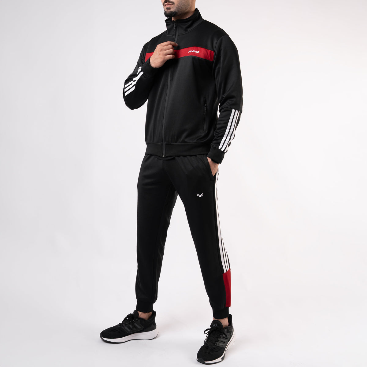 Black Mock-Neck Tracksuit with 3 Stripes &amp; Red Panels