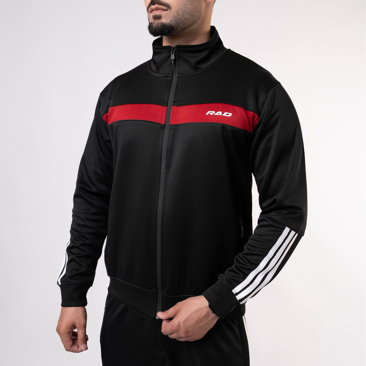 Black Mock-Neck Tracksuit with 3 Stripes &amp; Red Panels