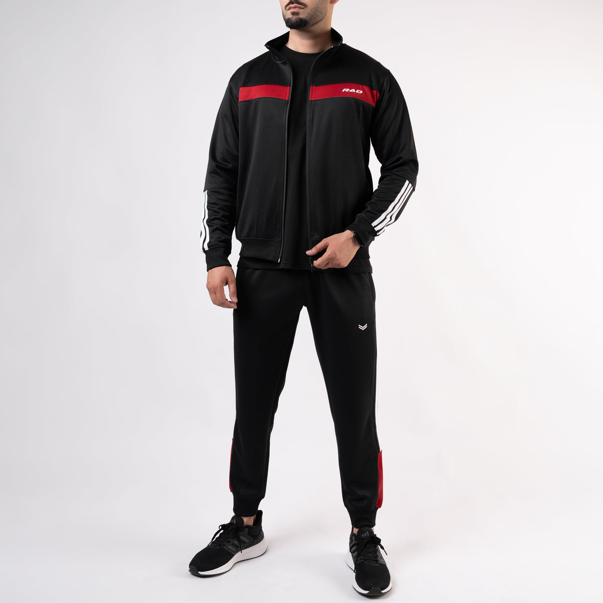 Black Mock-Neck Tracksuit with 3 Stripes &amp; Red Panels