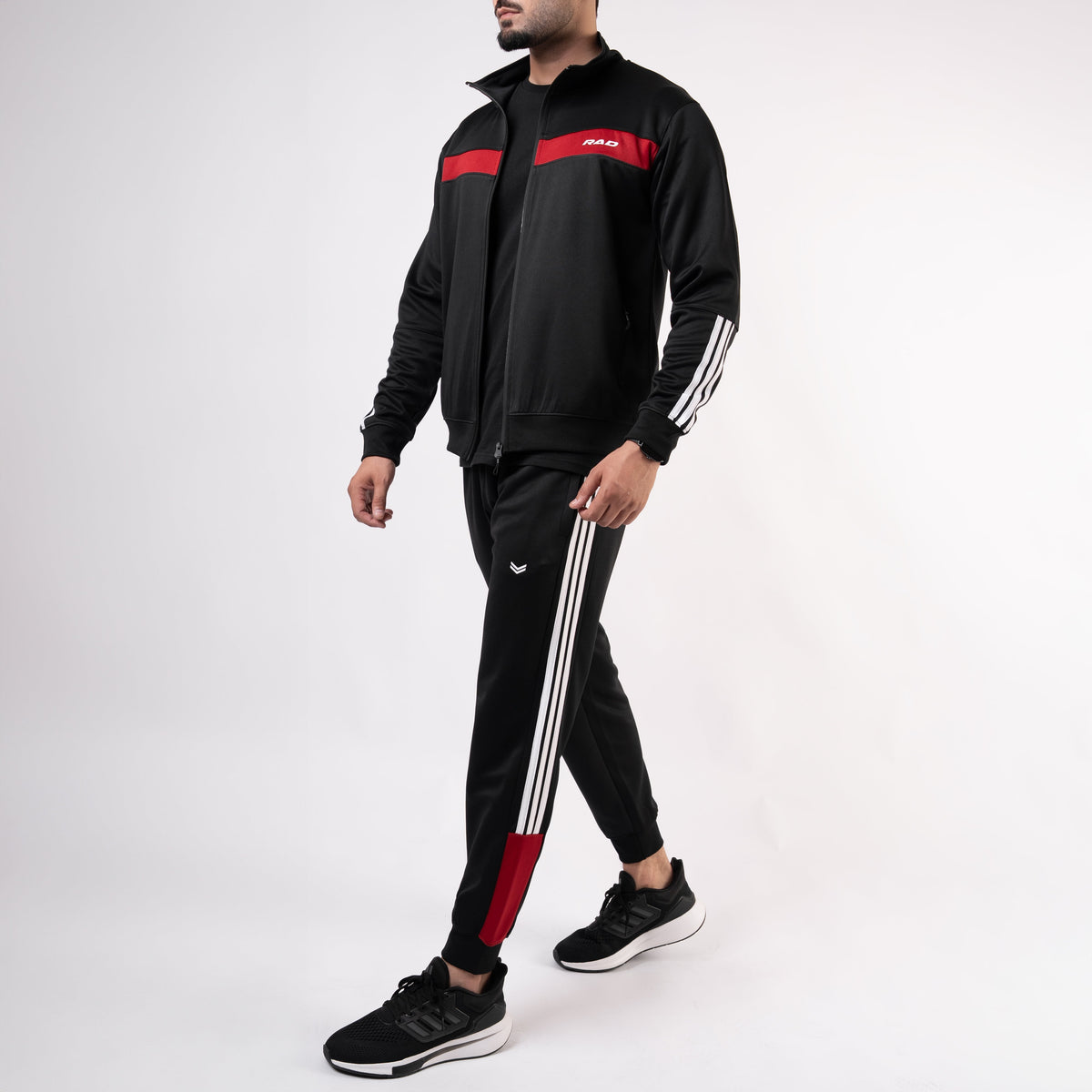 Black Mock-Neck Tracksuit with 3 Stripes &amp; Red Panels