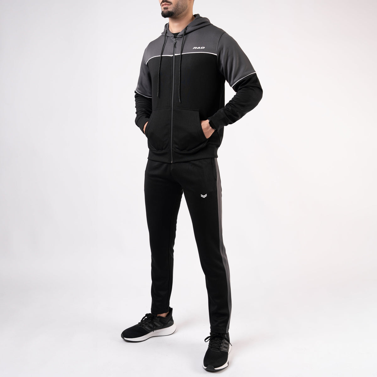 Black Hooded Tracksuit with Gray Top Panels &amp; White Piping