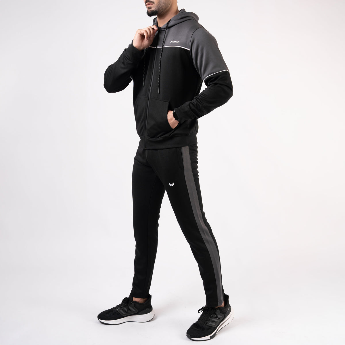 Black Hooded Tracksuit with Gray Top Panels &amp; White Piping