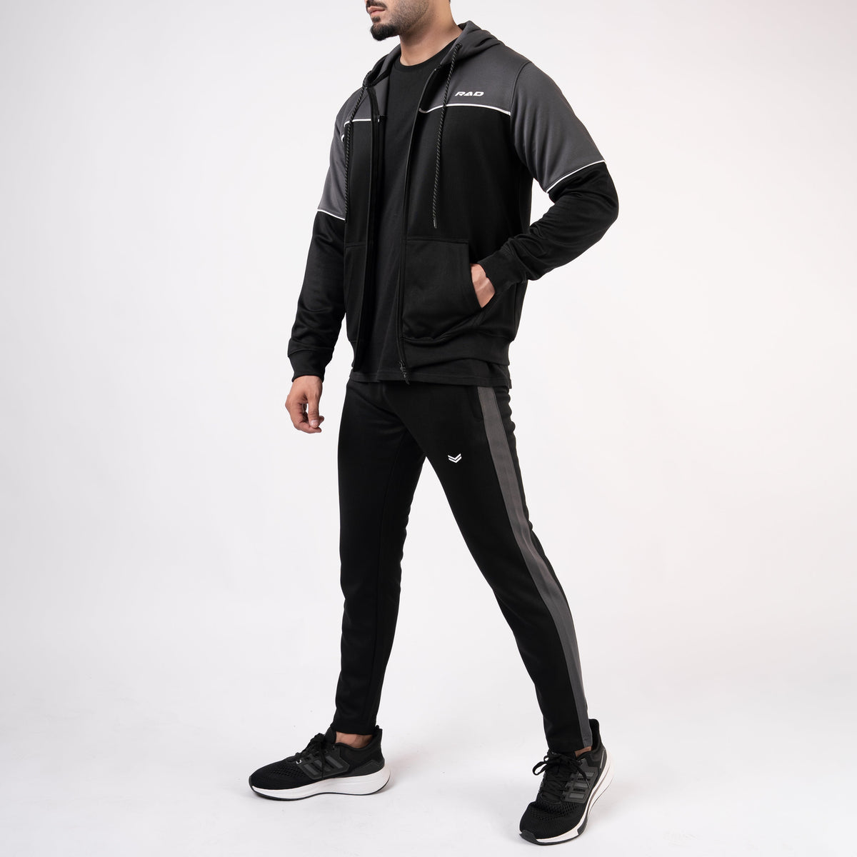 Black Hooded Tracksuit with Gray Top Panels &amp; White Piping