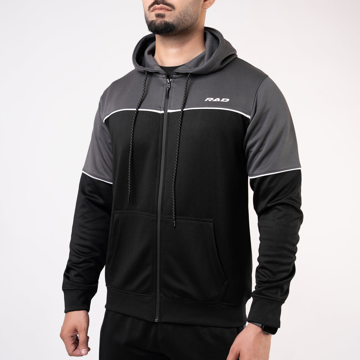 Black Hooded Tracksuit with Gray Top Panels &amp; White Piping