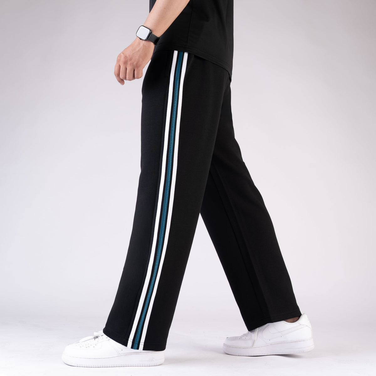 Black Wide Leg Trouser with Blue Contrast 3 Stripes