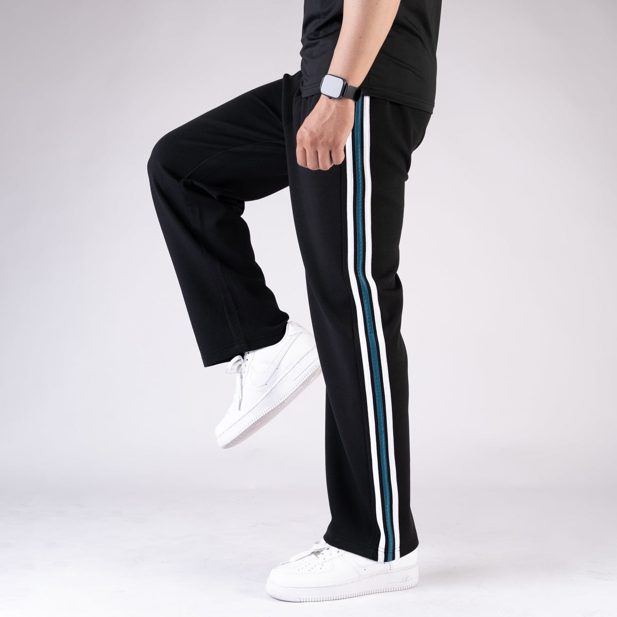 Black Wide Leg Trouser with Blue Contrast 3 Stripes