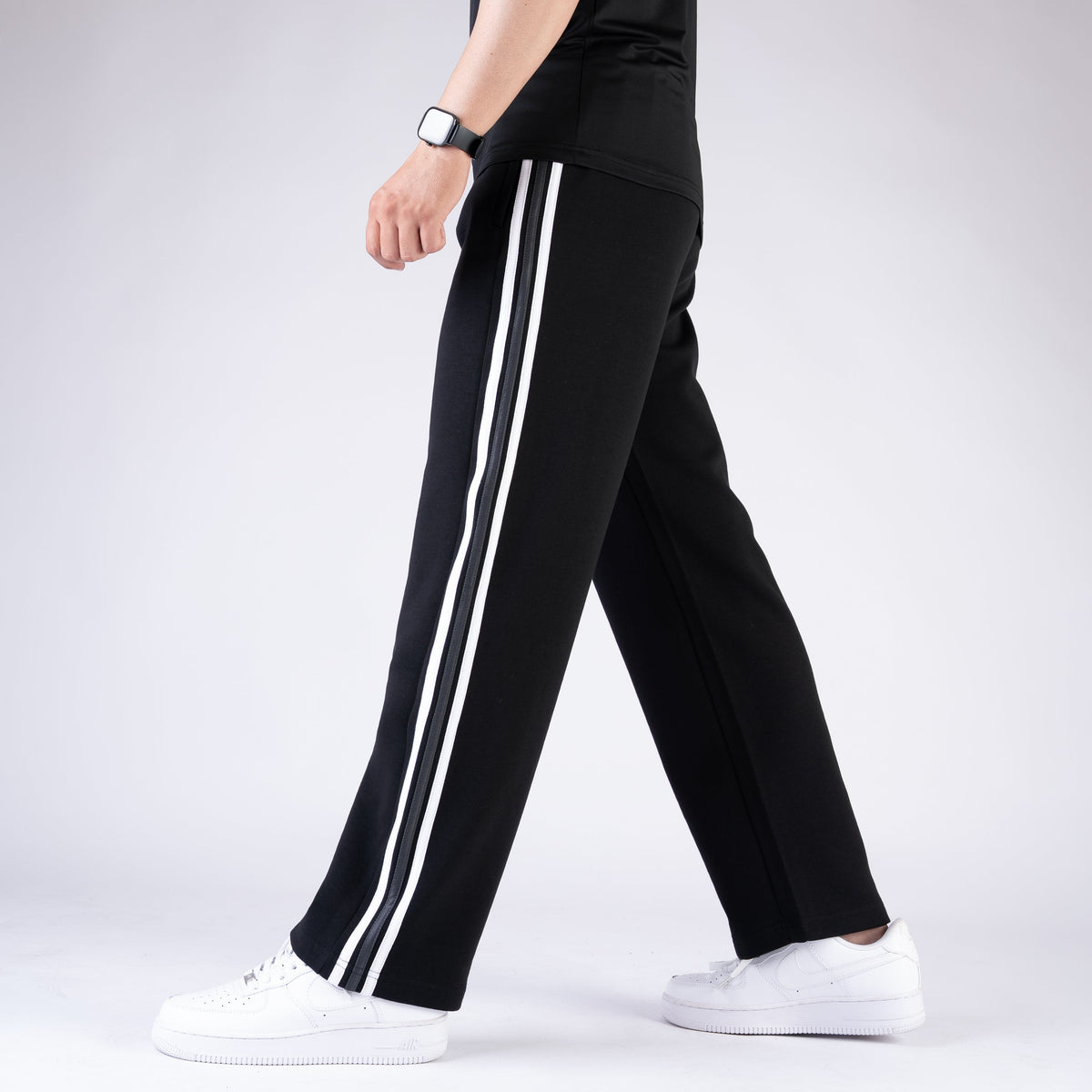 Black Wide Leg Trouser with Gray Contrast 3 Stripes