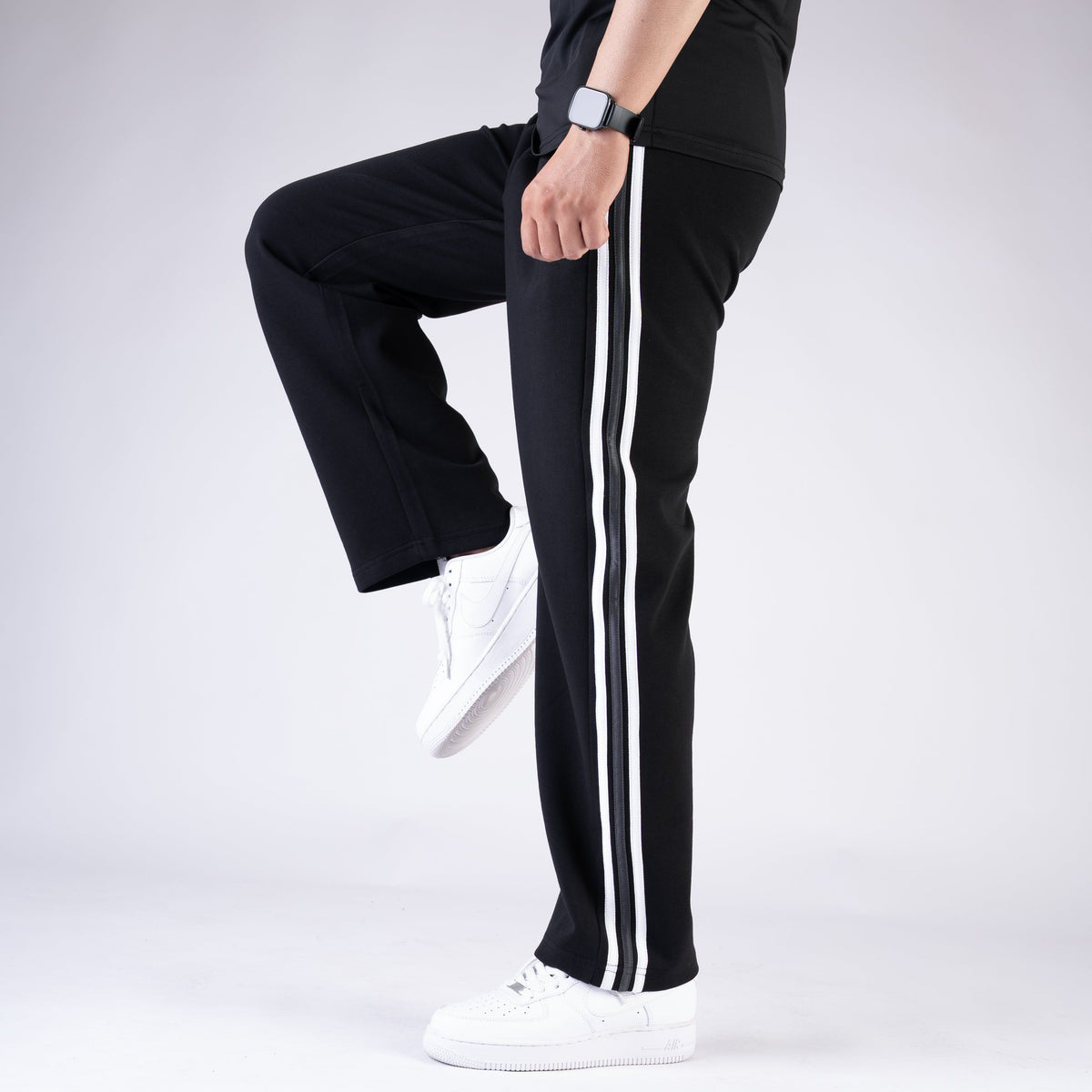 Black Wide Leg Trouser with Gray Contrast 3 Stripes