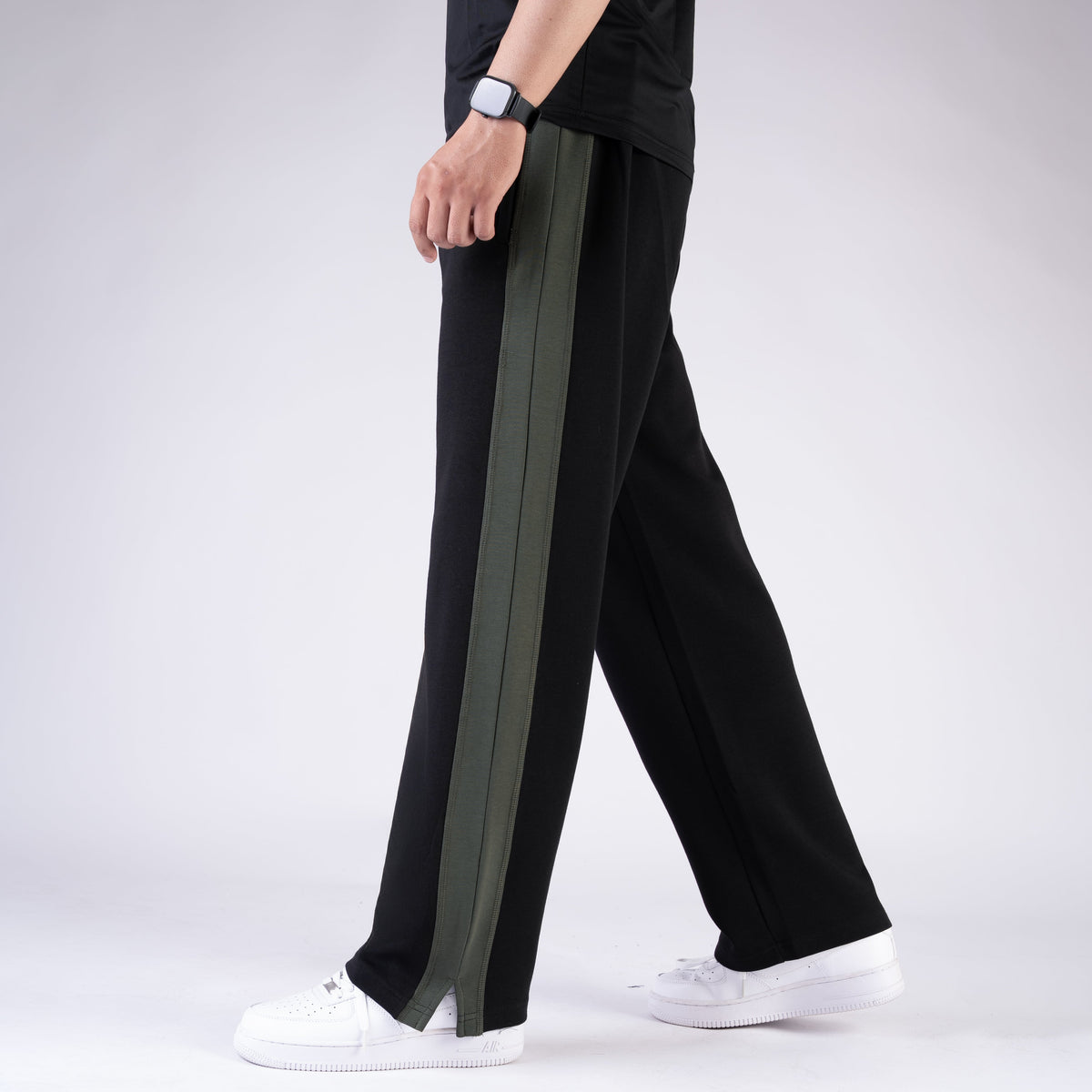 Black Lycra Slit Trouser with Olive Panels