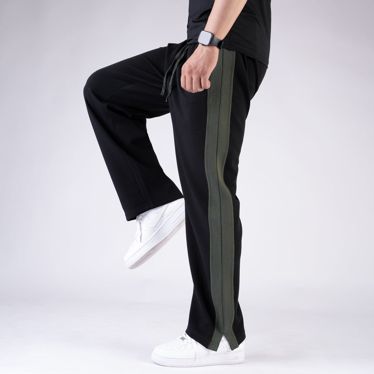 Black Lycra Slit Trouser with Olive Panels