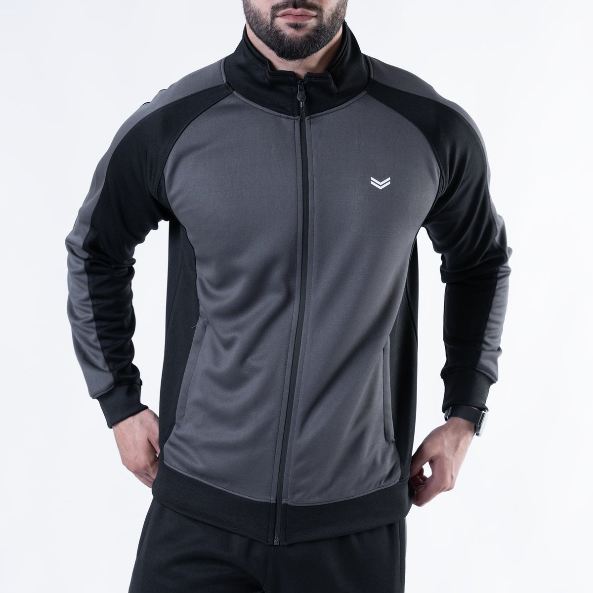 Black &amp; Gray Paneled Mock-Neck Tracksuit