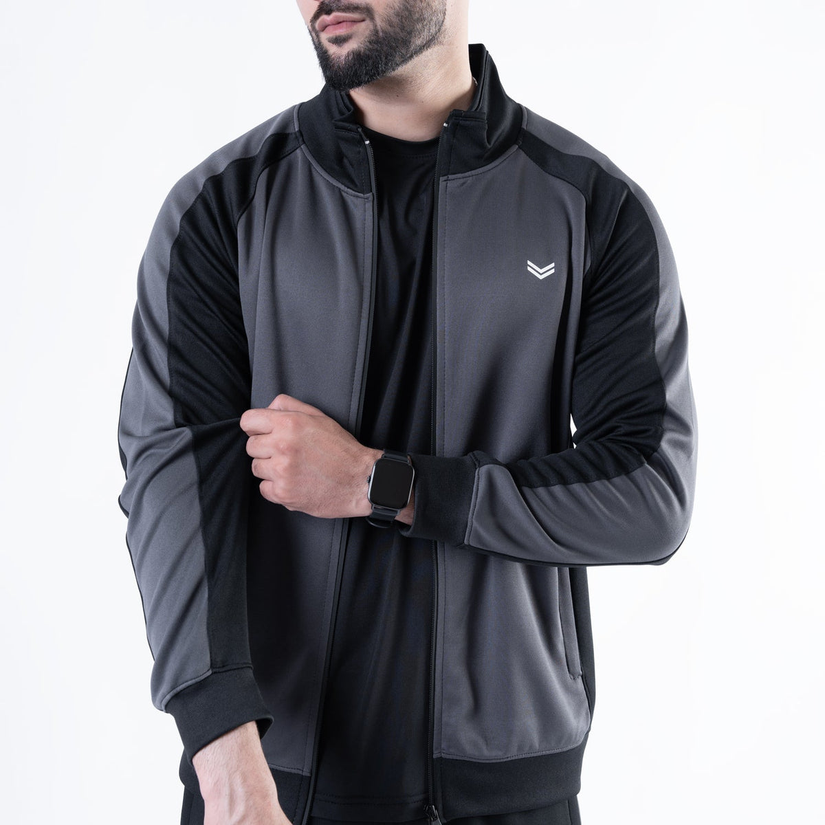 Black &amp; Gray Paneled Mock-Neck Tracksuit