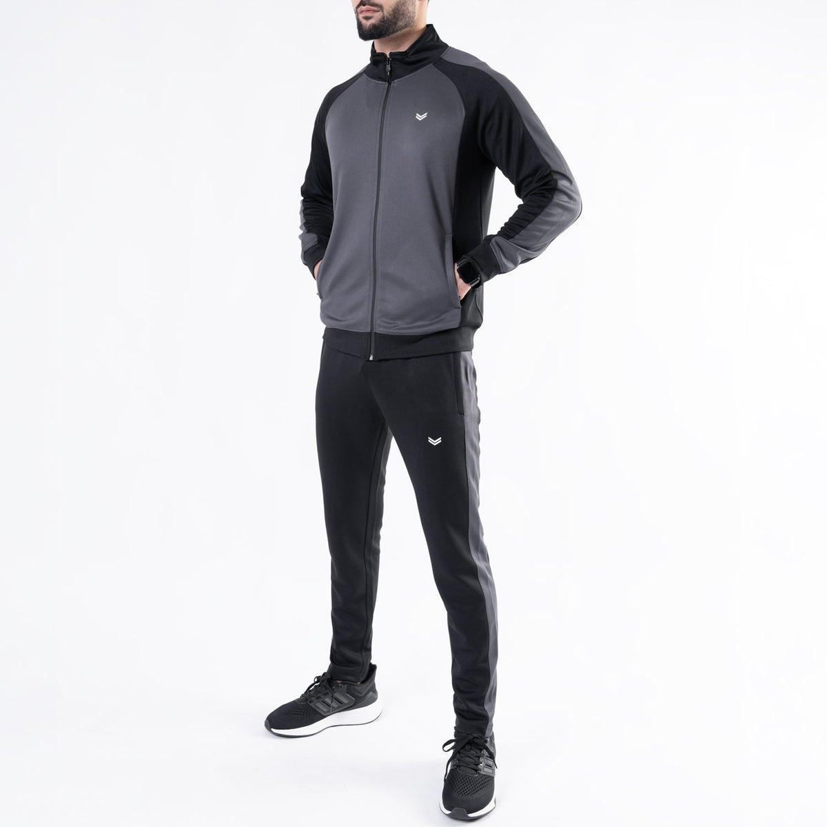 Black &amp; Gray Paneled Mock-Neck Tracksuit