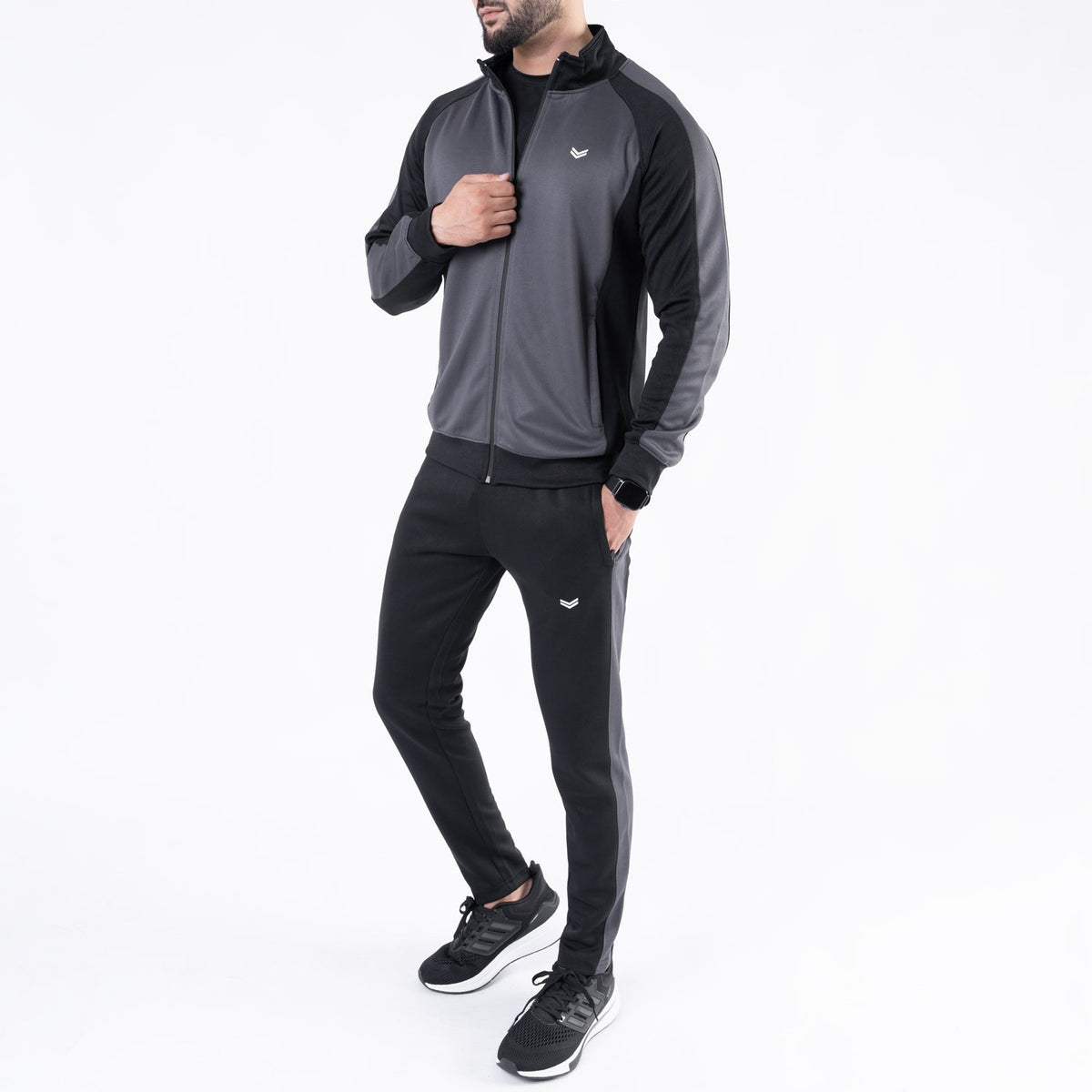 Black &amp; Gray Paneled Mock-Neck Tracksuit