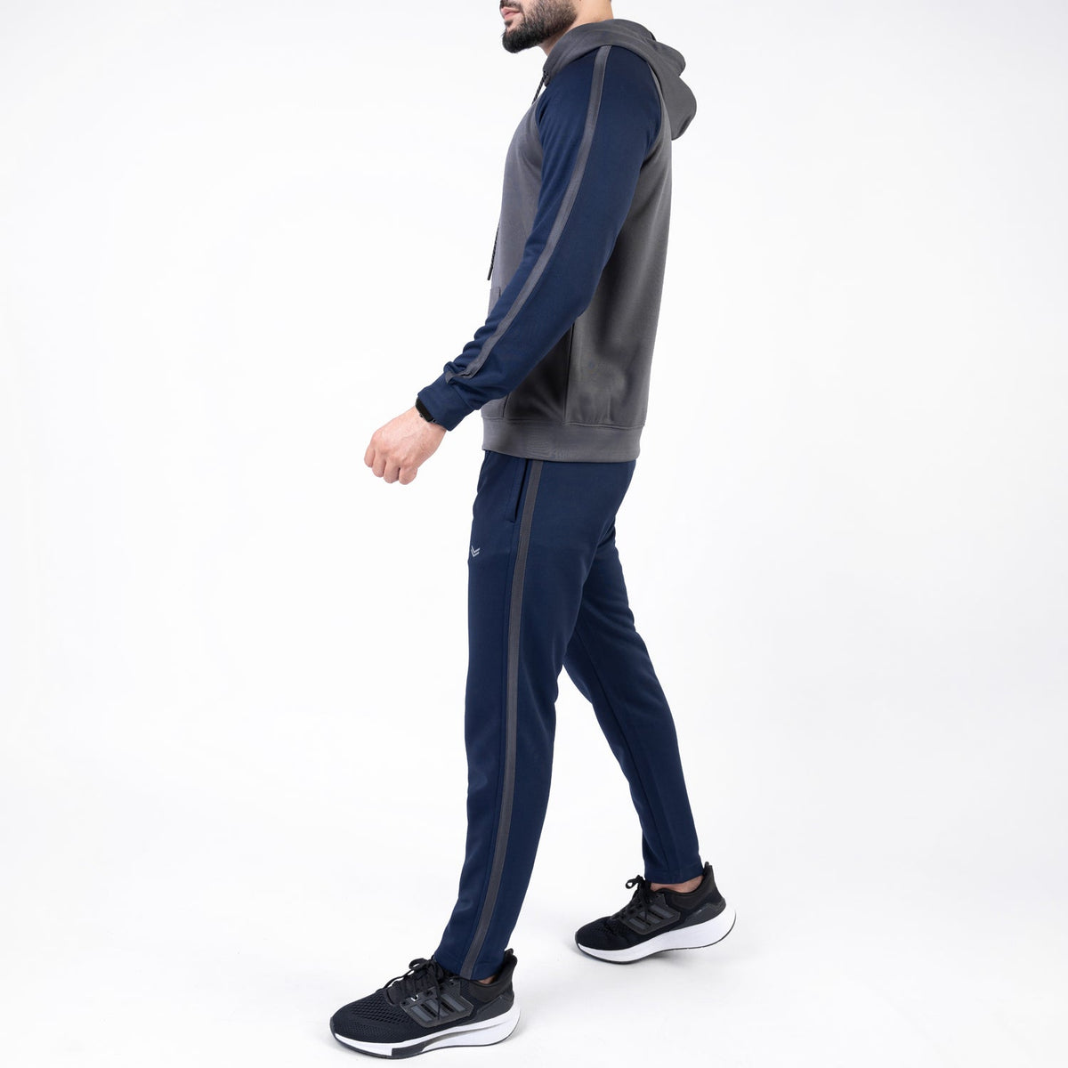 Gray &amp; Navy Hooded Raglan Sleeves Tracksuit with One Stripe