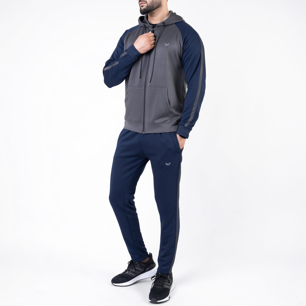 Gray &amp; Navy Hooded Raglan Sleeves Tracksuit with One Stripe