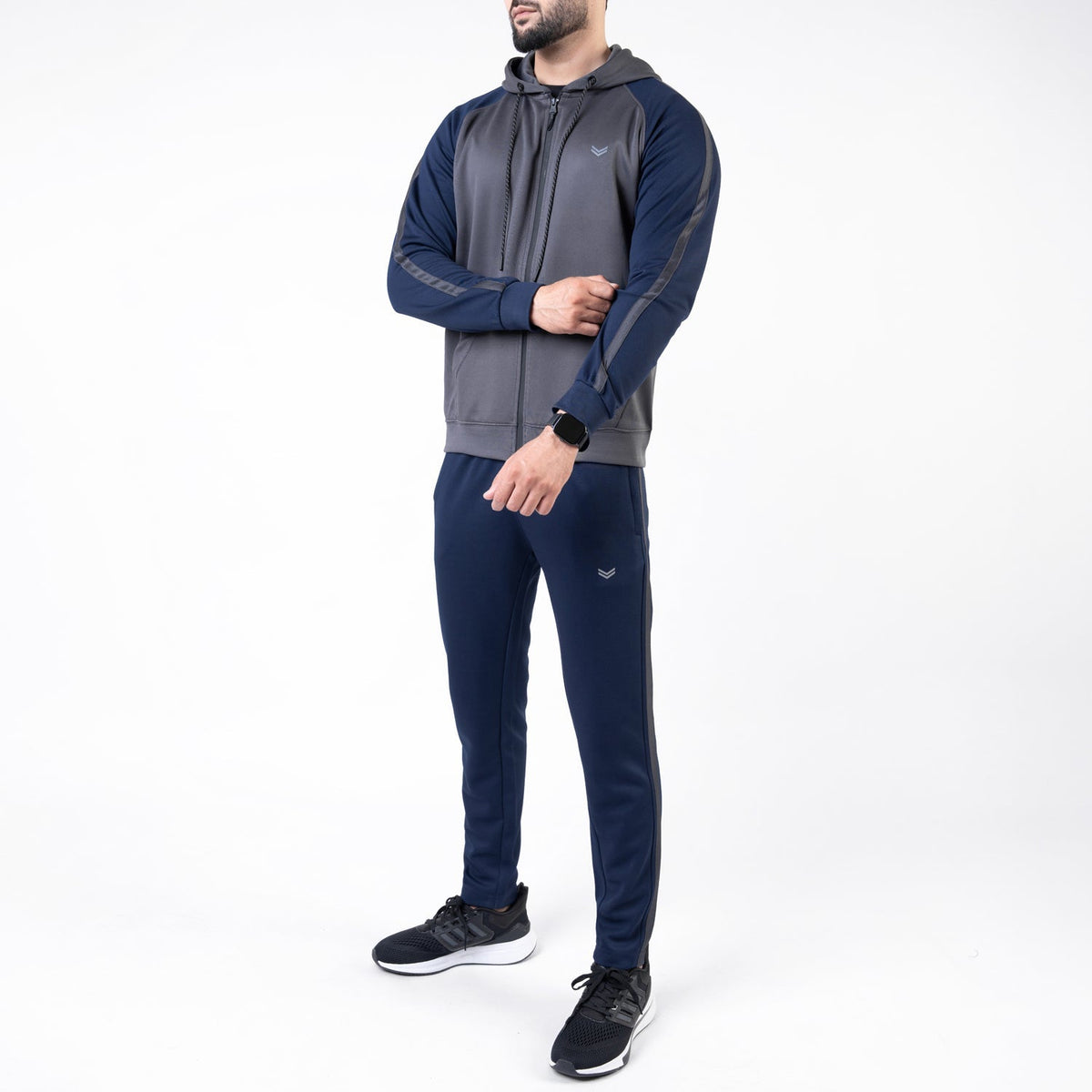 Gray &amp; Navy Hooded Raglan Sleeves Tracksuit with One Stripe