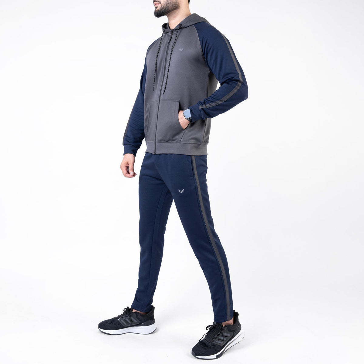 Gray &amp; Navy Hooded Raglan Sleeves Tracksuit with One Stripe