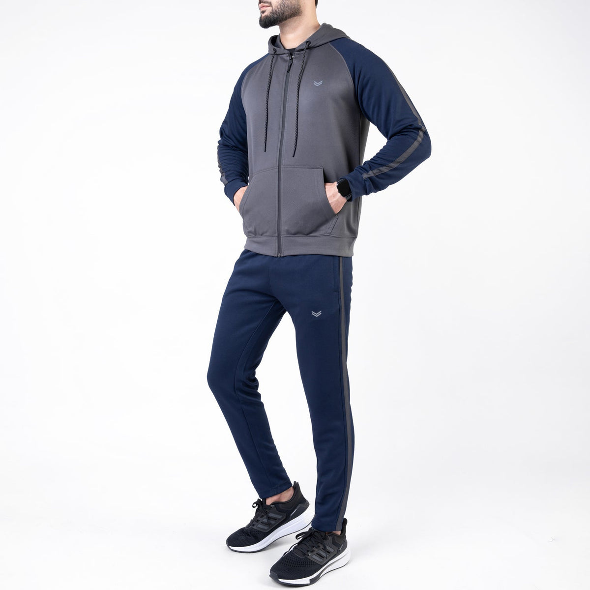 Gray &amp; Navy Hooded Raglan Sleeves Tracksuit with One Stripe