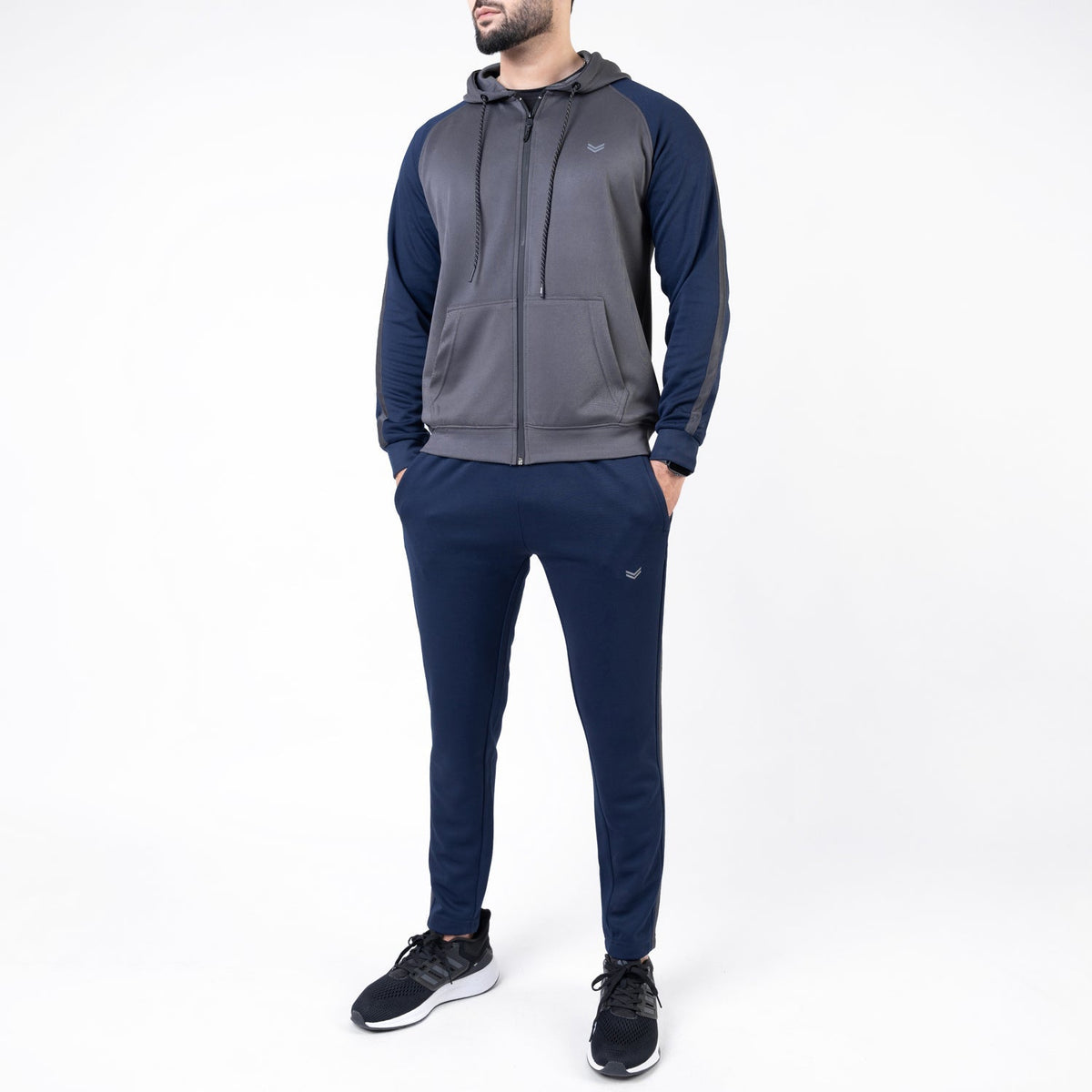 Gray &amp; Navy Hooded Raglan Sleeves Tracksuit with One Stripe