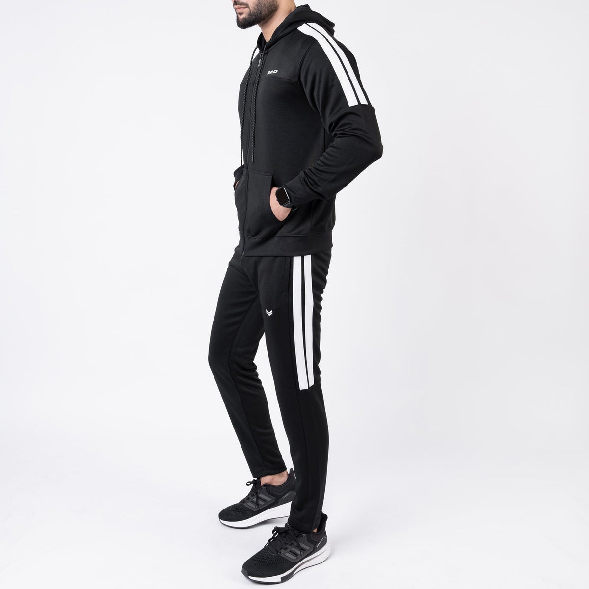 Black Hooded Tracksuit with Paneled Two Bold Stripes