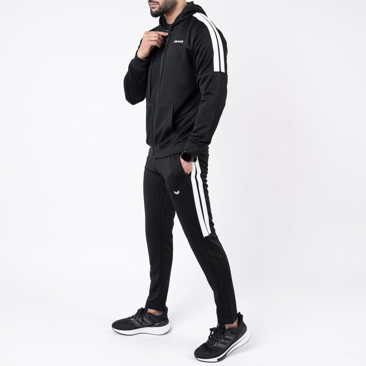 Black Hooded Tracksuit with Paneled Two Bold Stripes