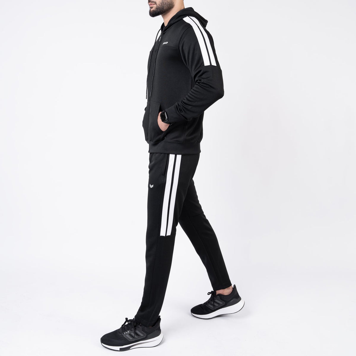 Black Hooded Tracksuit with Paneled Two Bold Stripes