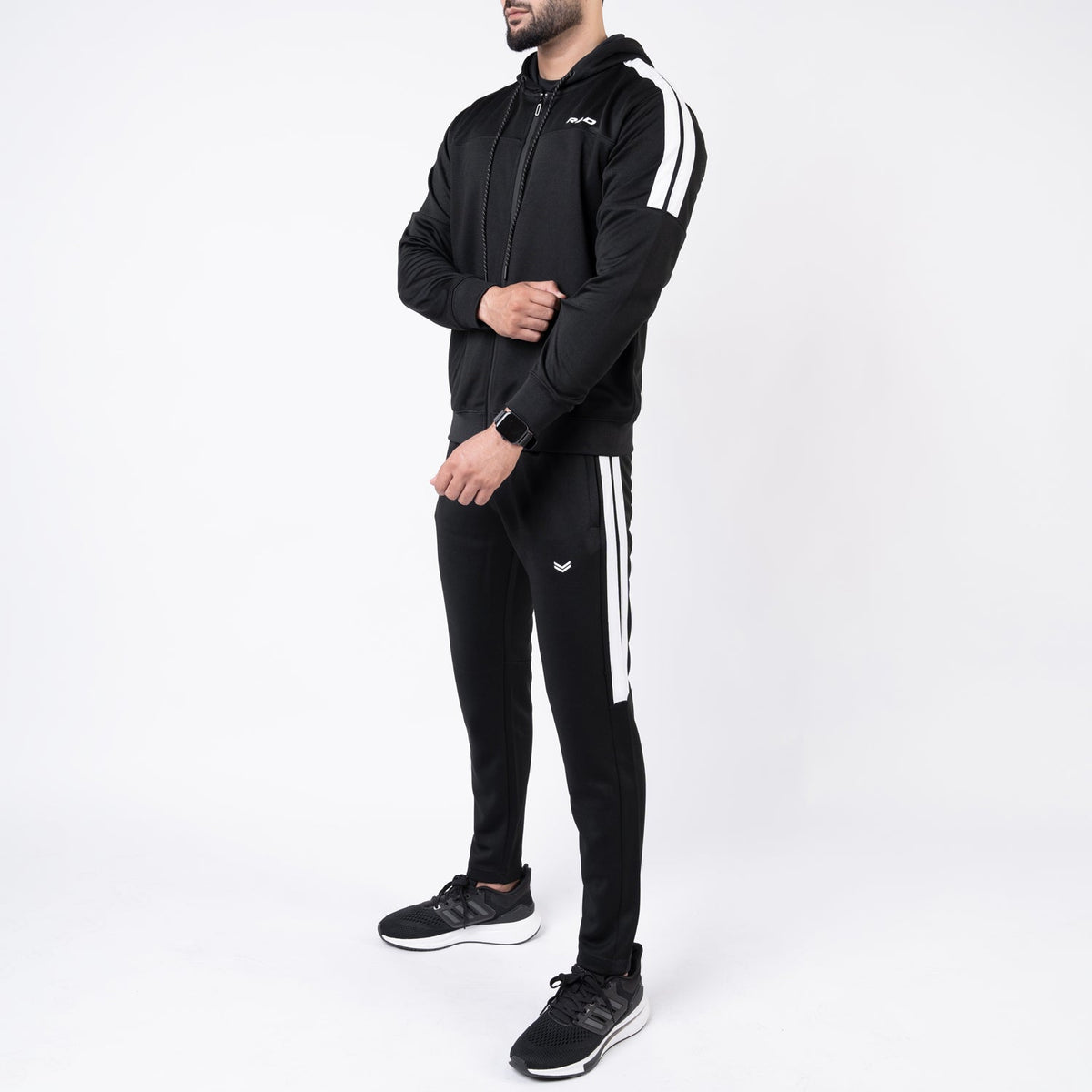 Black Hooded Tracksuit with Paneled Two Bold Stripes