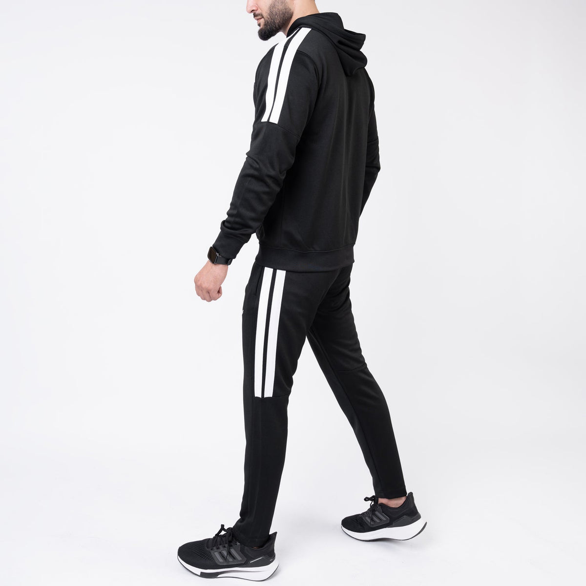 Black Hooded Tracksuit with Paneled Two Bold Stripes