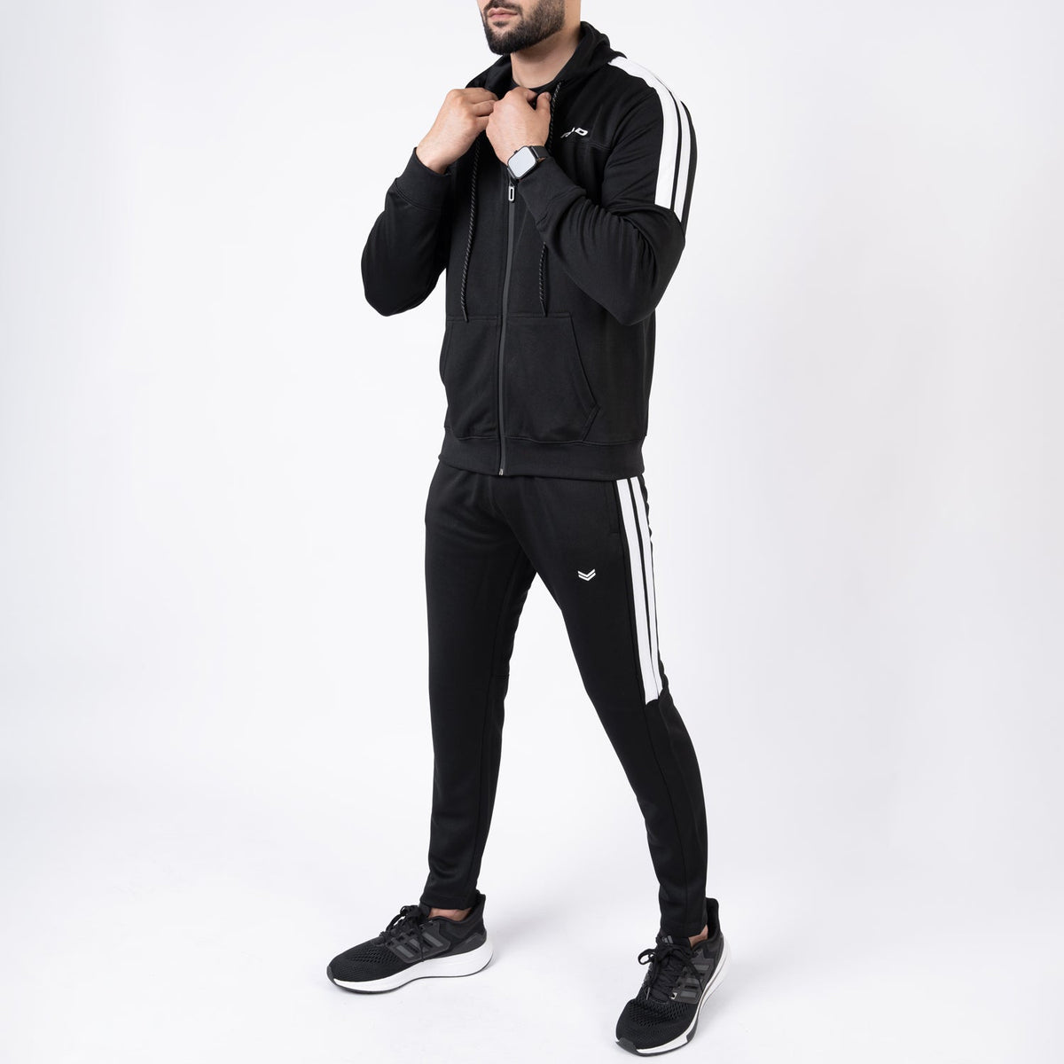 Black Hooded Tracksuit with Paneled Two Bold Stripes