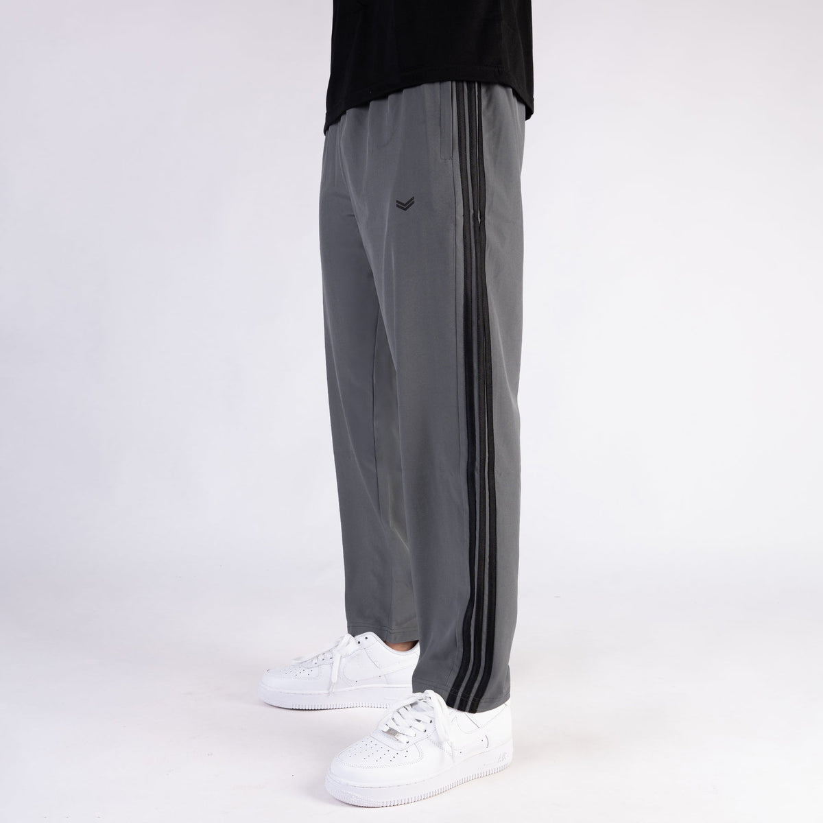 Gray Micro Relaxed Fit Trousers with Three Black Stripes