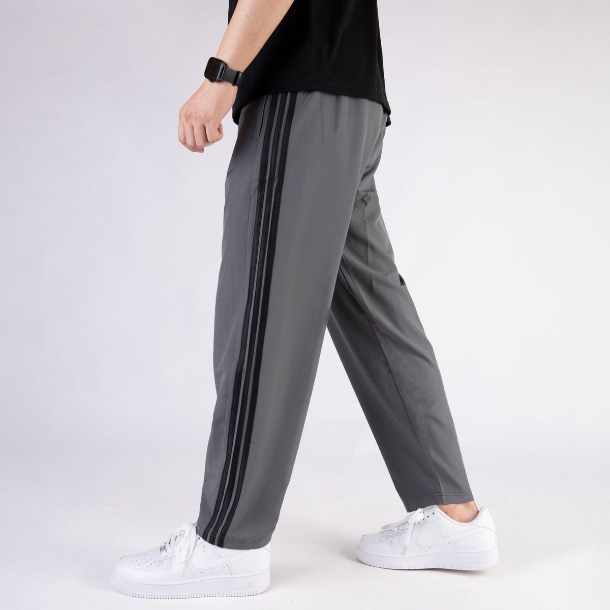 Gray Micro Relaxed Fit Trousers with Three Black Stripes