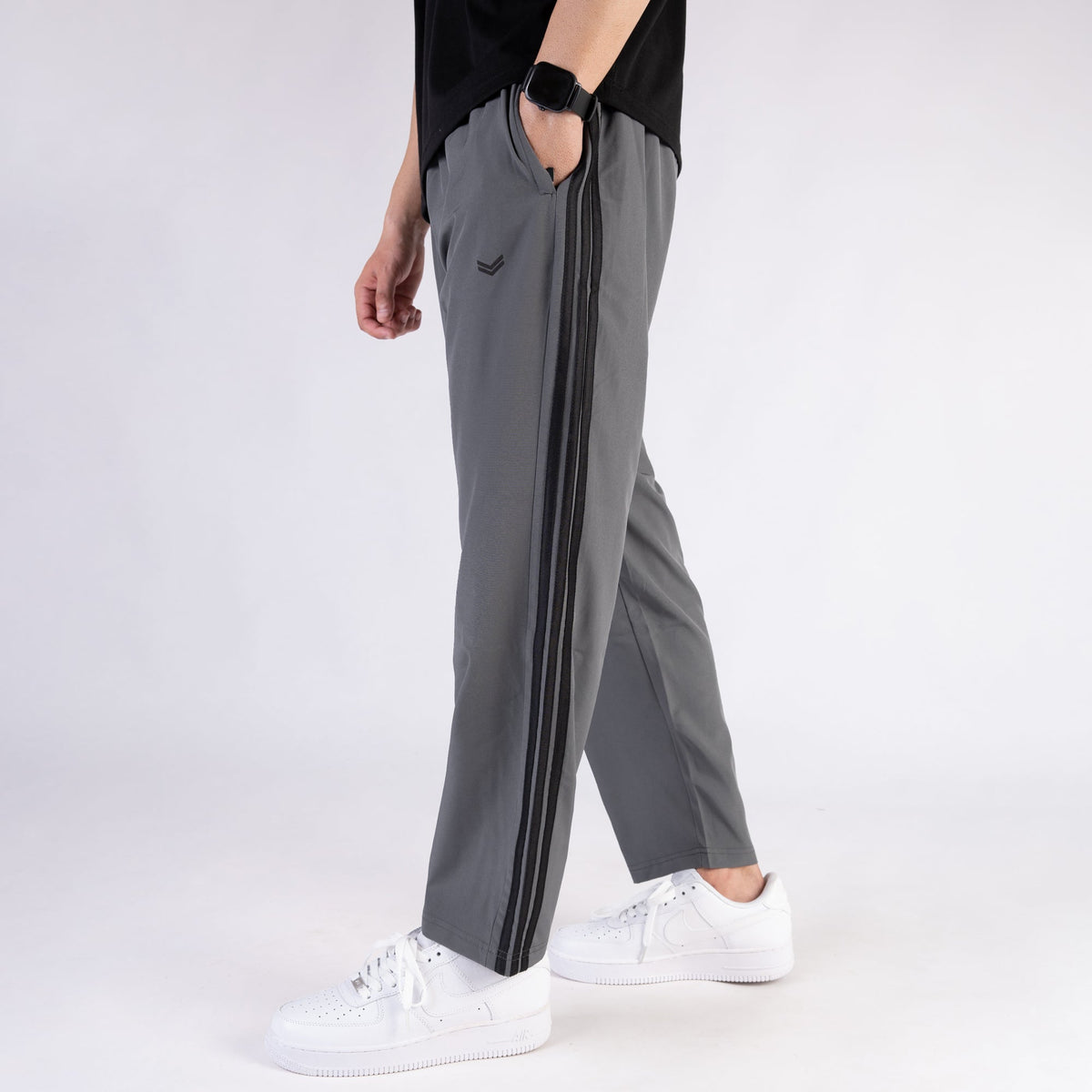 Gray Micro Relaxed Fit Trousers with Three Black Stripes