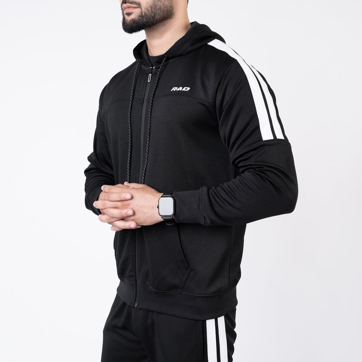 Black Hooded Tracksuit with Paneled Two Bold Stripes