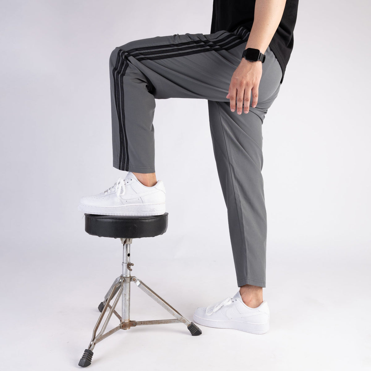 Gray Micro Relaxed Fit Trousers with Three Black Stripes