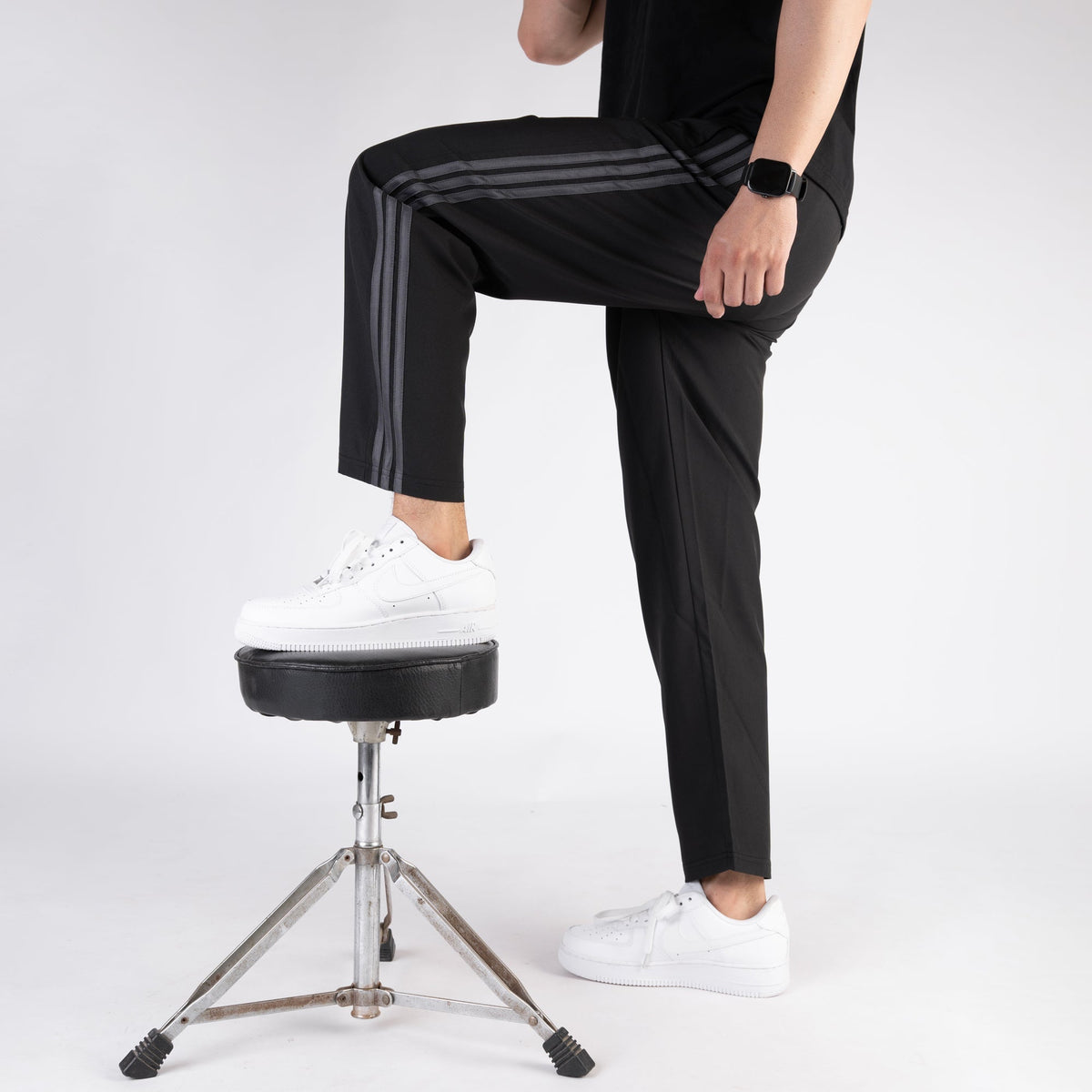 Black Micro Relaxed Fit Trousers with Three Gray Stripes