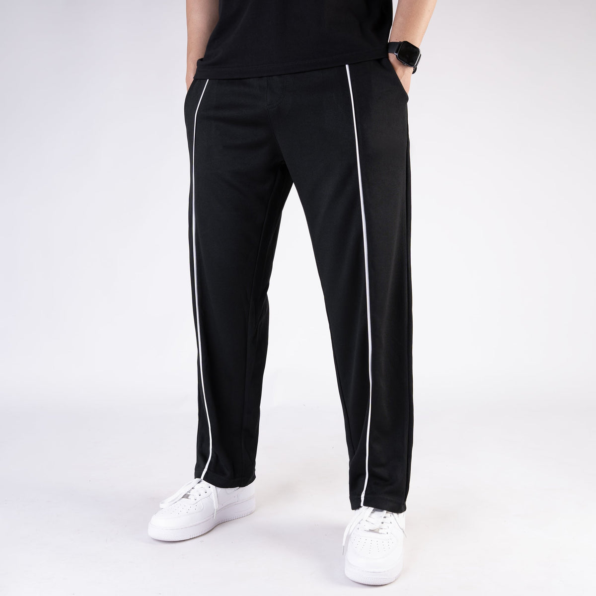 Black Wide Leg Trouser with White Piping