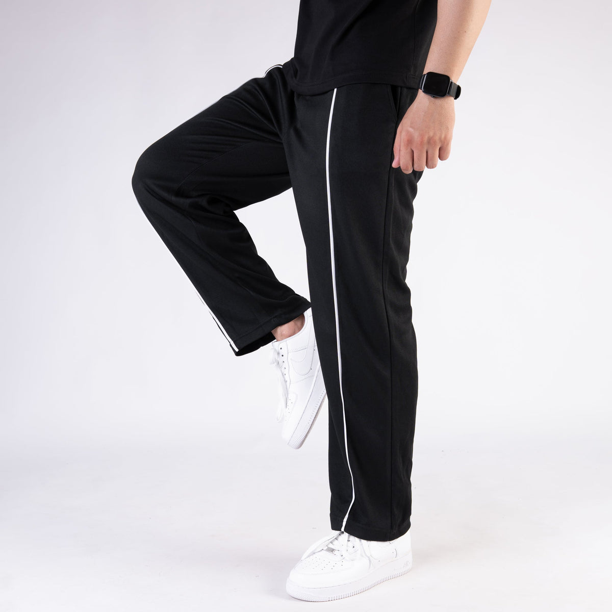 Black Wide Leg Trouser with White Piping