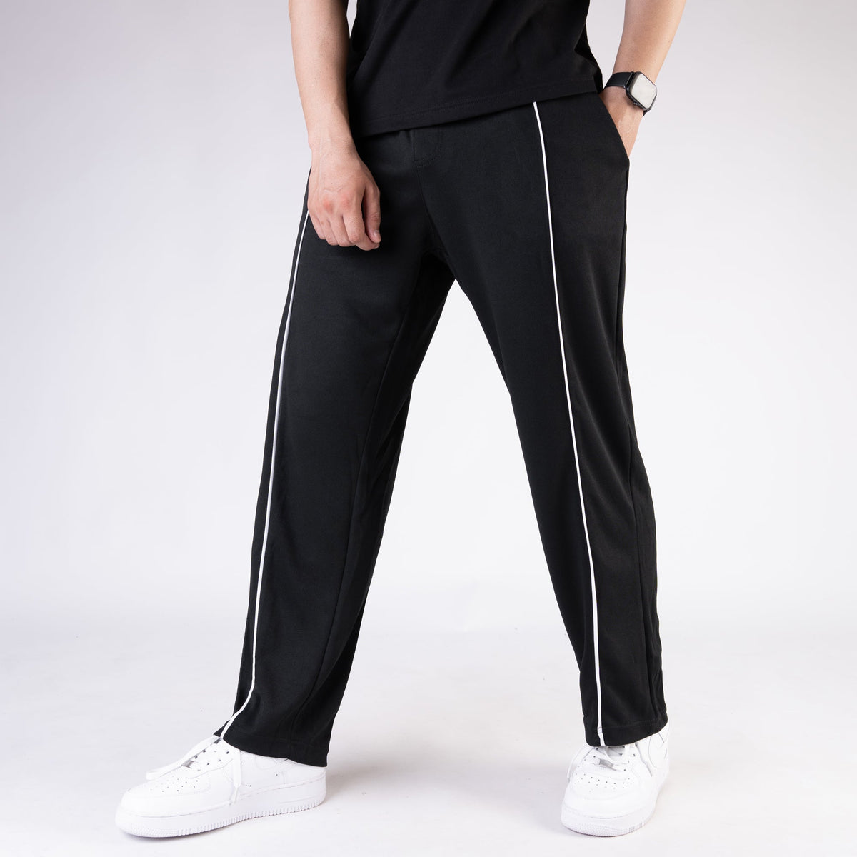 Black Wide Leg Trouser with White Piping