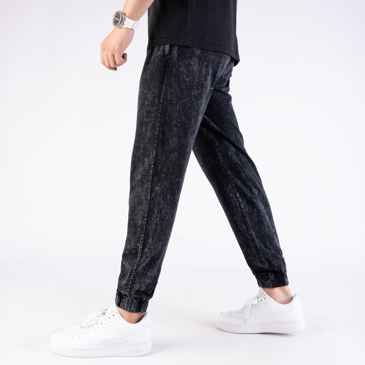 Black Acid Wash Relax-Fit Jogger Pants