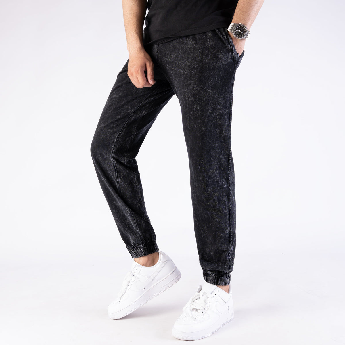 Black Acid Wash Relax-Fit Jogger Pants