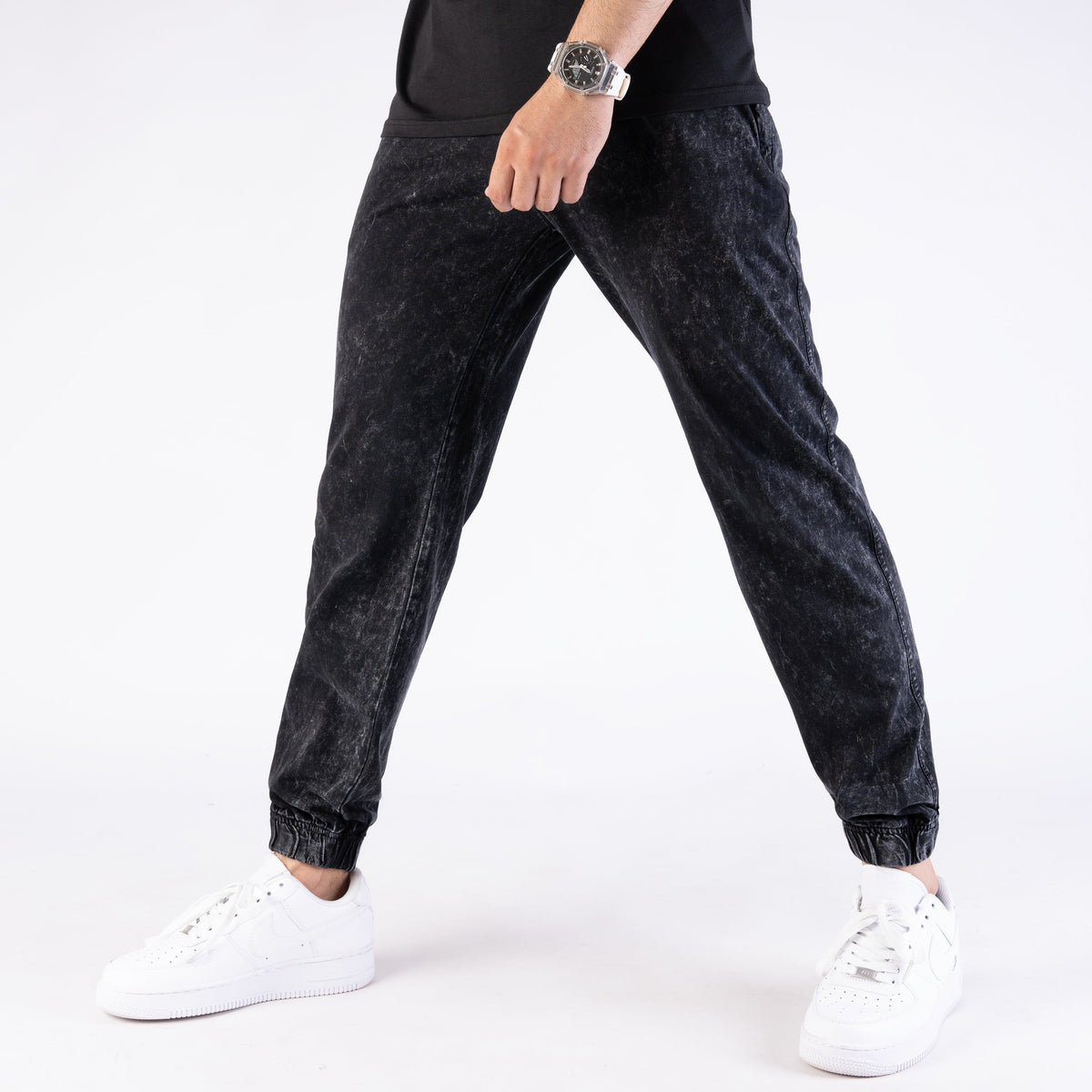 Black Acid Wash Relax-Fit Jogger Pants