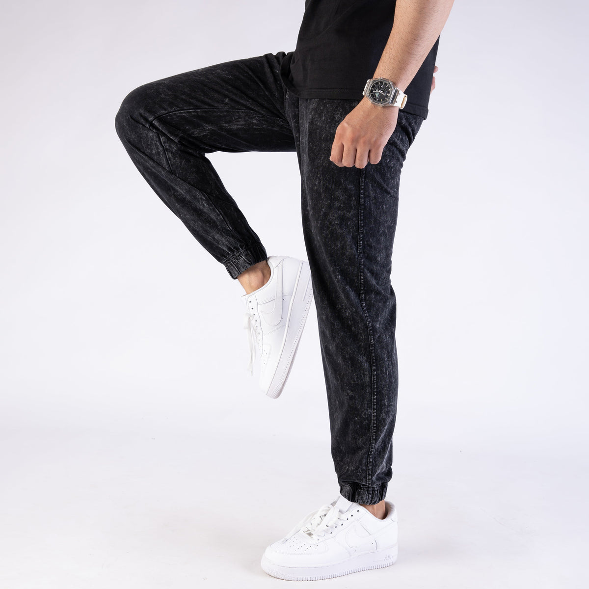 Black Acid Wash Relax-Fit Jogger Pants