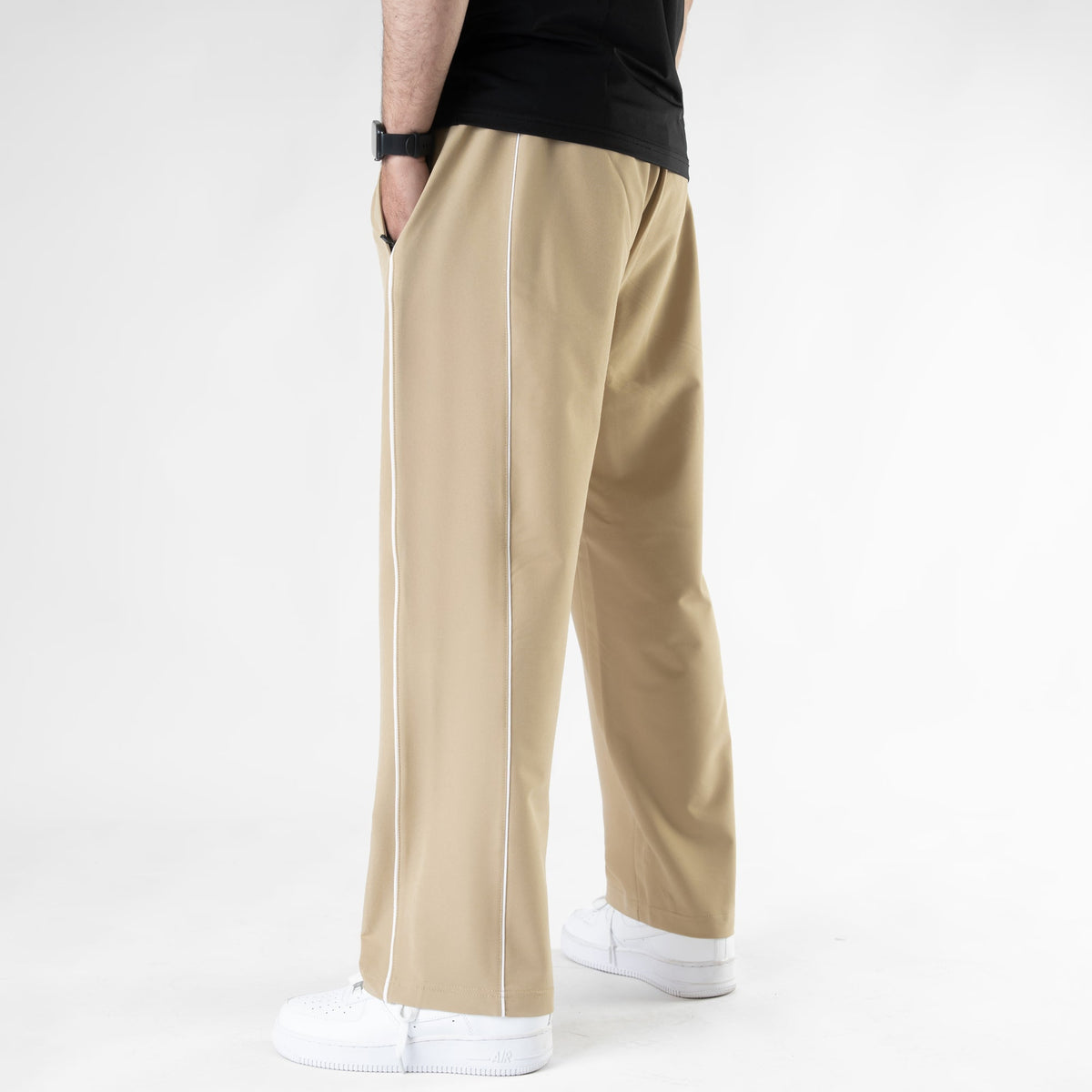 Beige Lycra Terry Double Piping Wide Leg Trousers