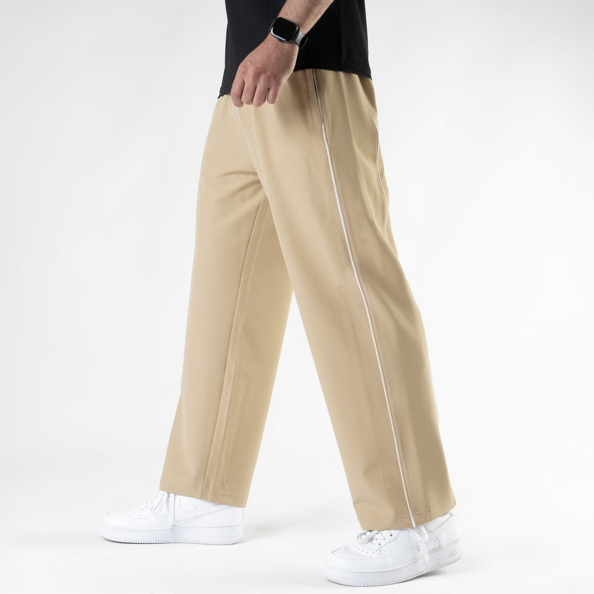 Beige Lycra Terry Double Piping Wide Leg Trousers