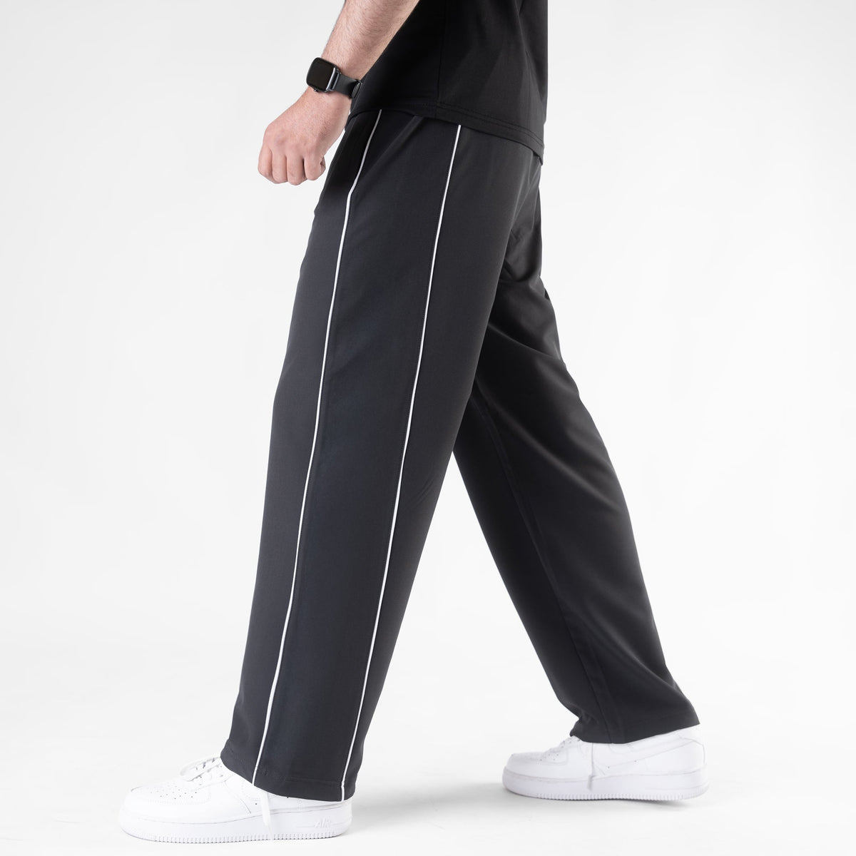 Charcoal Lycra Terry Double Piping Wide Leg Trousers